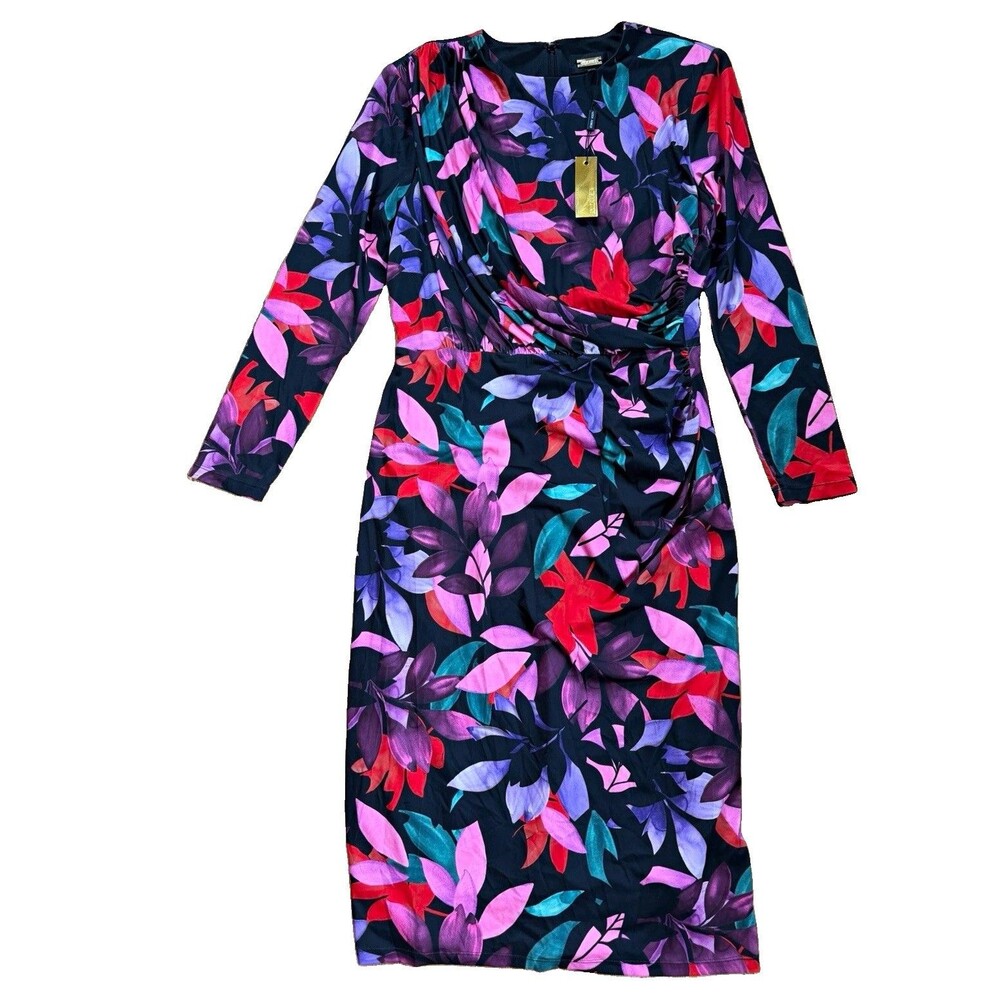 Alexia Admor Floral Ruched V-Neck Long Sleeve Sheath Dress Medium Knit D3820